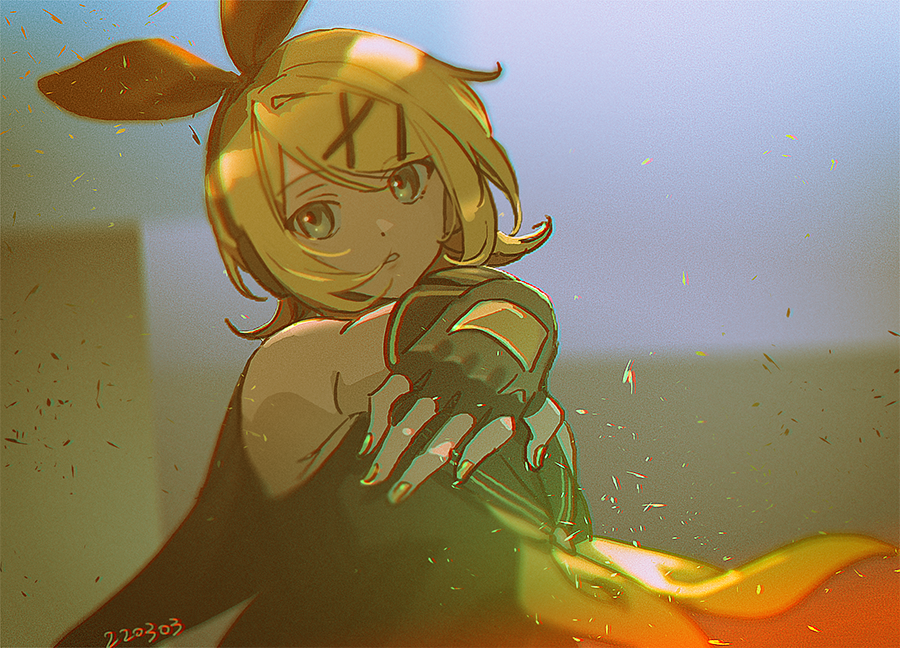 1girl bad_id bad_pixiv_id blonde_hair blue_eyes blurry blurry_background bow chromatic_aberration hair_bow hair_ornament hairclip haun headphones kagamine_rin looking_to_the_side nail_polish neckerchief outdoors outstretched_hand parted_lips sailor_collar short_hair solo swept_bangs upper_body vocaloid sour_model_(mikumikudance) wind yellow_nails