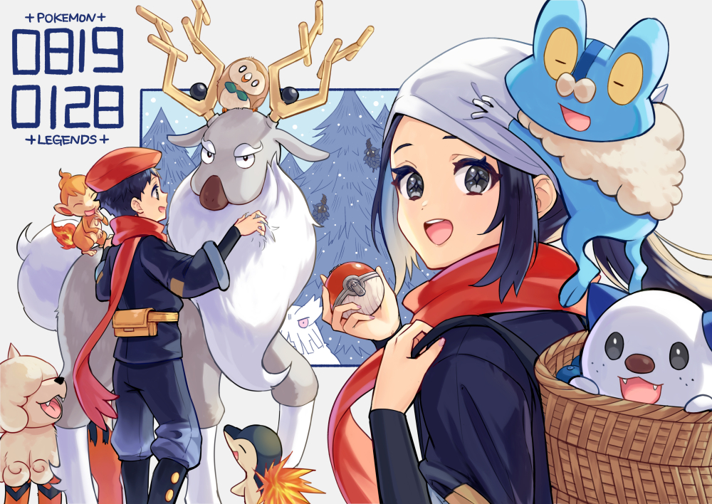 1boy 1girl :d abomasnow akari_(pokemon) black_footwear black_hair black_undershirt boots chen_(1717) chimchar commentary_request copyright_name cyndaquil eyelashes fanny_pack froakie game_freak gen_2_pokemon gen_4_pokemon gen_5_pokemon gen_6_pokemon gen_7_pokemon grey_eyes headscarf hisuian_growlithe hisuian_poke_ball holding holding_poke_ball jacket long_hair nintendo open_mouth oshawott pants poke_ball pokemon pokemon_(creature) pokemon_legends:_arceus ponytail red_scarf rei_(pokemon) rowlet scarf sidelocks smile teeth tongue undershirt upper_teeth_only white_headscarf white_headwear wyrdeer yellow_bag
