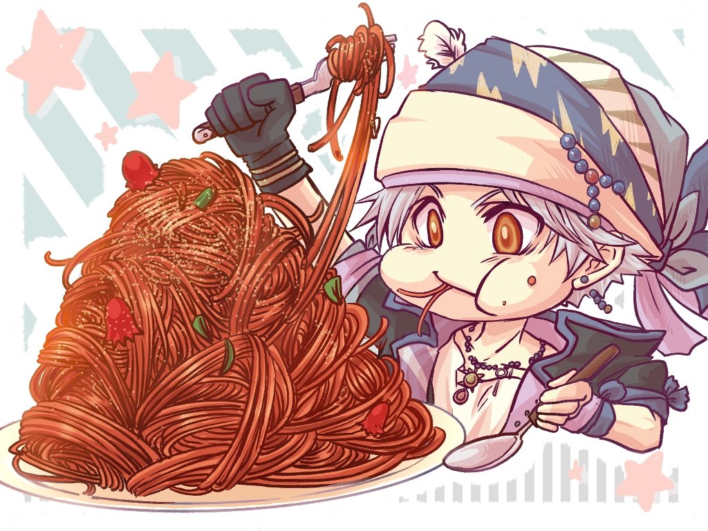 ayana_(iqaw5cfohvdtver) bandana black_gloves brown_eyes cheek_bulge earrings eating feathers final_fantasy final_fantasy_vi food fork gloves grey_hair jewelry locke_cole male_focus mouthful necklace noodles one_glove parted_bangs pendant solo spoon star_(symbol)