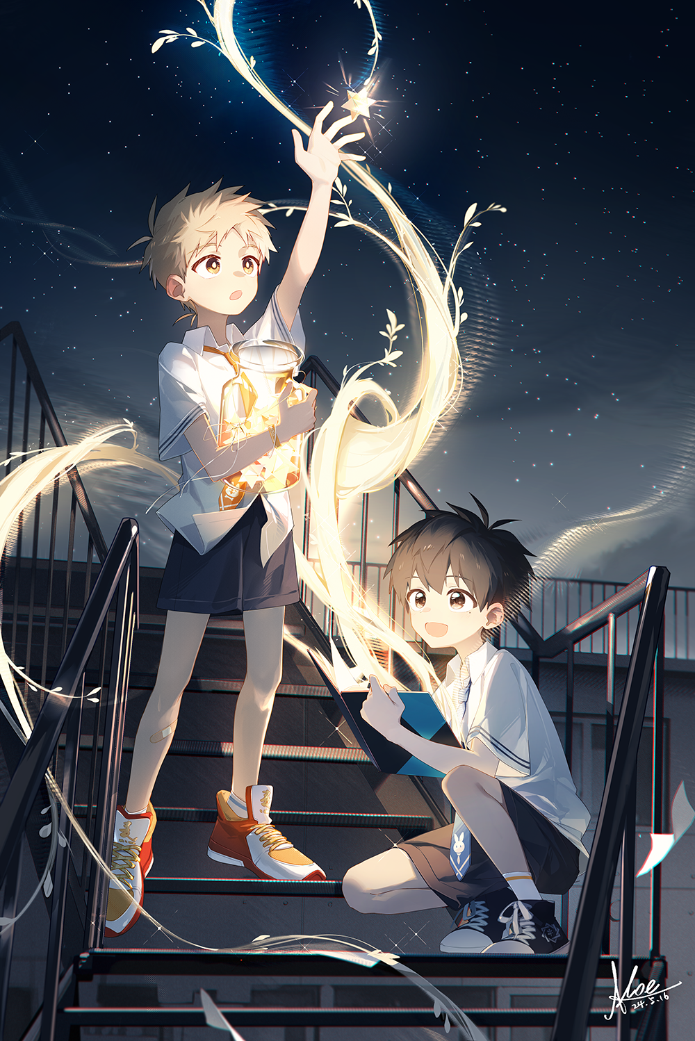 2boys black_eyes black_hair black_shorts blonde_hair book child commentary_request highres koe_(mixpi) magic male_focus multiple_boys necktie night night_sky open_book open_mouth original outdoors school_uniform shirt shoes short_hair shorts sky smile sneakers stairs star_(sky) starry_sky very_short_hair white_shirt yellow_eyes