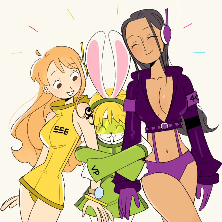 3girls ^_^ animal_ears arm_tattoo blonde_hair blush bracelet breasts carrot_(one_piece) cesel cleavage closed_eyes commentary cowboy_shot cropped_jacket detached_sleeves gloves green_sleeves hair_slicked_back headphones jacket jewelry leotard locked_arms log_pose long_hair looking_at_another multiple_girls nami_(one_piece) nami_(one_piece)_(egghead) nico_robin nico_robin_(egghead) notice_lines official_alternate_costume one_piece orange_hair panties purple_gloves purple_jacket purple_panties rabbit_ears rabbit_girl short_hair sunglasses tattoo underwear white_background