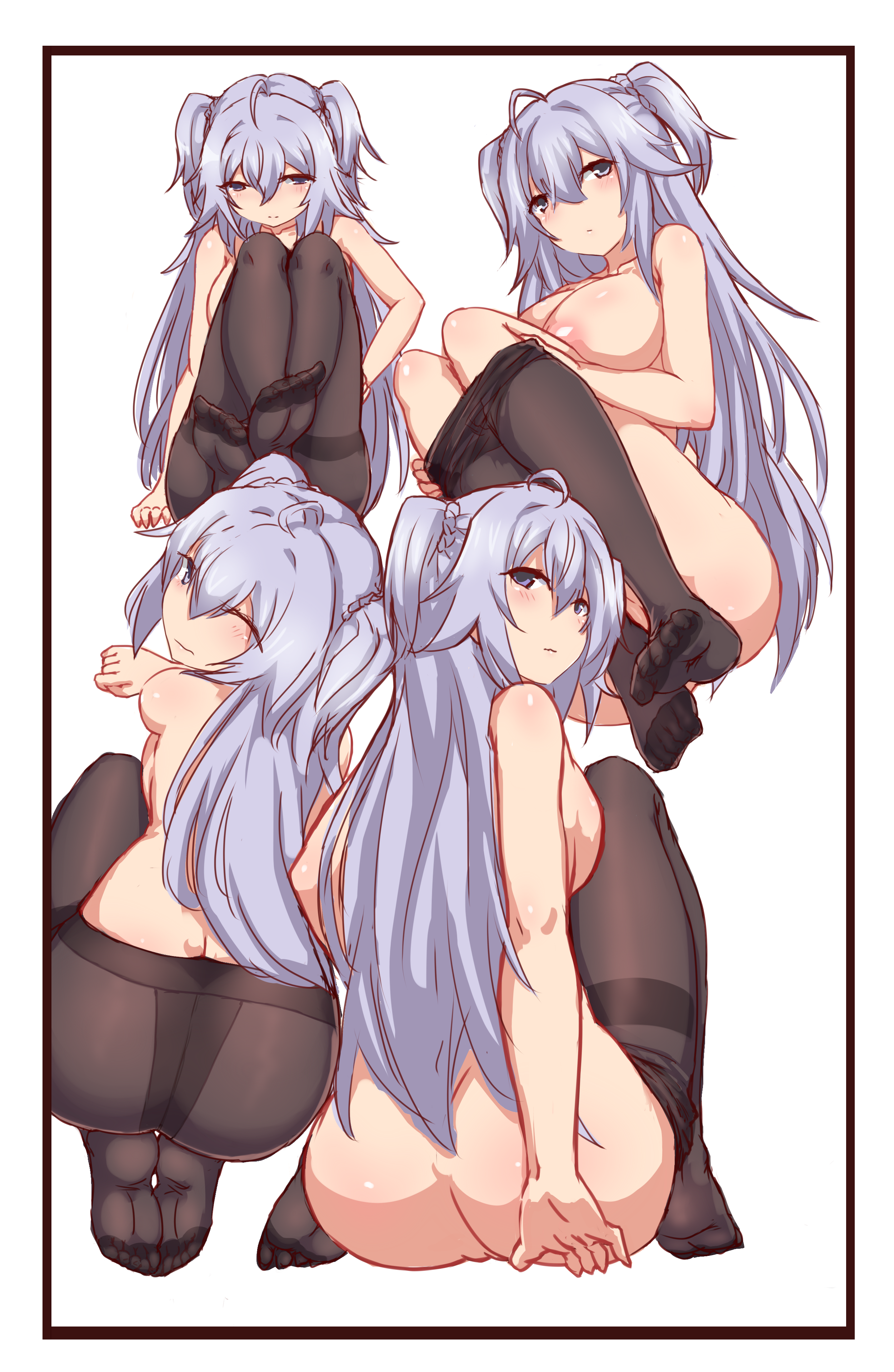 10s 1girl absurdres ass black_pantyhose breasts crotch_seam feet female_focus gakusen_toshi_asterisk highres hip_focus hu_sea large_breasts long_hair looking_at_viewer nipples no_shoes one_eye_closed pantyhose puffy_nipples purple_eyes purple_hair pussy soles solo toes toudou_kirin uncensored very_long_hair