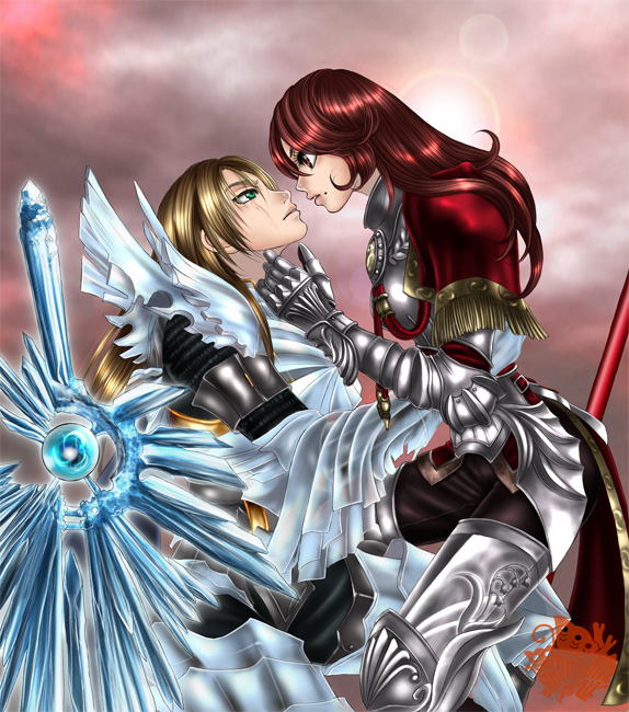 1boy 1girl armor blonde_hair eye_contact green_eyes hildegard_von_krone huge_weapon knight long_hair looking_at_another mole namco red_eyes red_hair scar siegfried_schtauffen soul_calibur soul_calibur_(weapon) soulcalibur soulcalibur_iv sword weapon xuexue_yue_hua