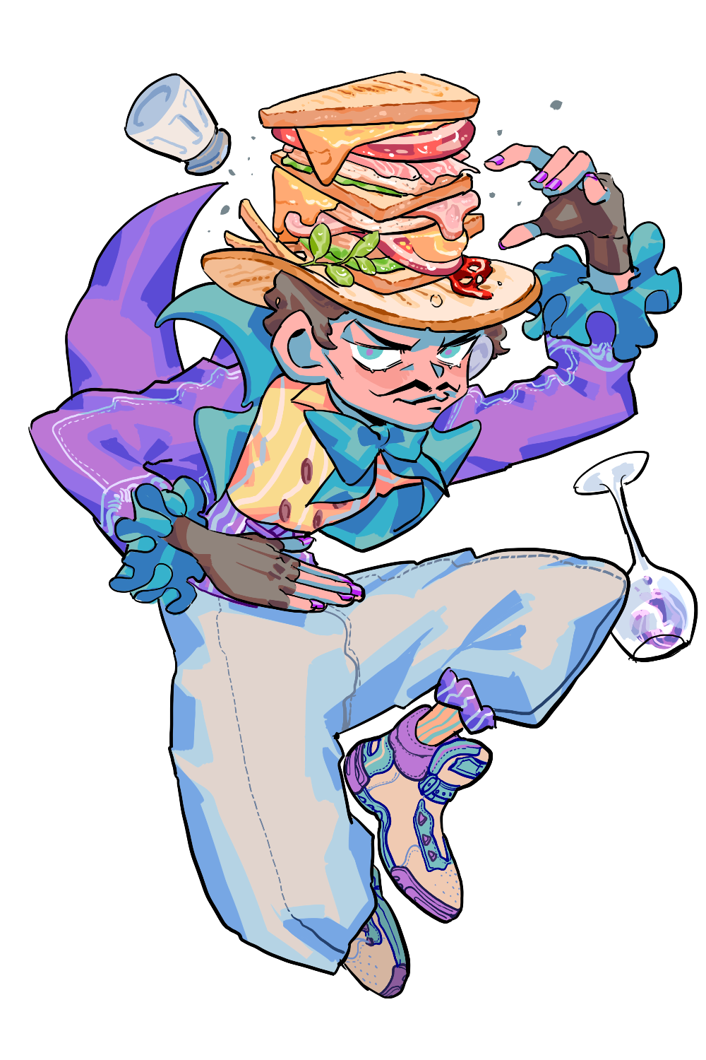 1boy alternate_costume aqua_eyes arm_up black_hair bread bulzizzang cheese cup drinking_glass facial_hair fingerless_gloves food food_on_head full_body gloves hat highres jacket jojo_no_kimyou_na_bouken leaf long_sleeves male_focus meat mustache nail_polish object_on_head pants phantom_blood purple_jacket purple_nails salt_shaker sandwich shirt shoes short_hair simple_background solo white_background white_pants will_anthonio_zeppeli wine_glass yellow_shirt