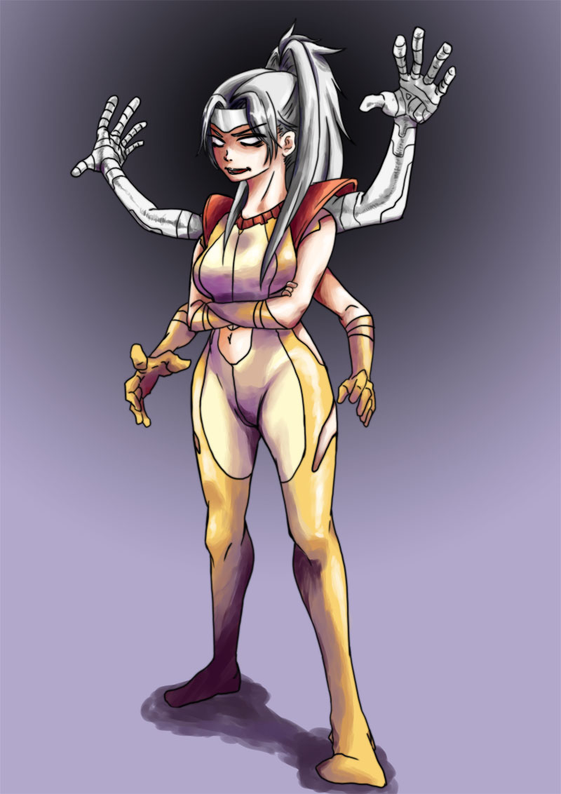 1girl blank_eyes crossed_arms extra_arms female_focus gradient_background hayabusa_taro long_hair marvel extra_arms multi_limb ponytail silver_hair solo spiral_(marvel) tiara