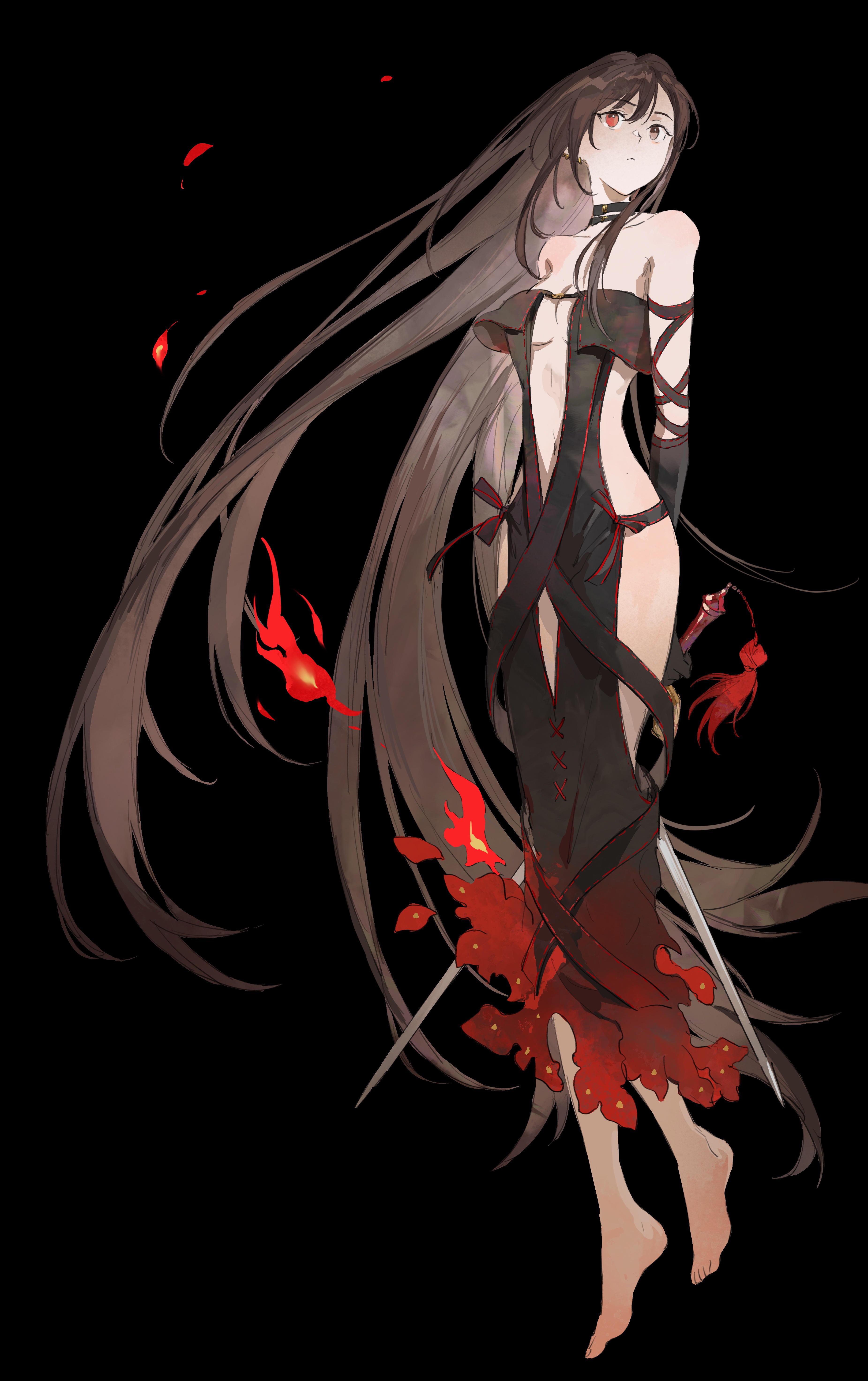1girl absurdres bare_shoulders barefoot black_background black_dress breasts brown_eyes brown_hair center_opening choker dress elbow_gloves fate/grand_order fate_(series) fire full_body gloves highres holding holding_sword holding_weapon long_hair looking_at_viewer mimulishizi navel red_eyes revealing_clothes ribbon-trimmed_dress ribbon_trim solo sword very_long_hair weapon yu_mei-ren_(fate) yu_mei-ren_(second_ascension)_(fate)