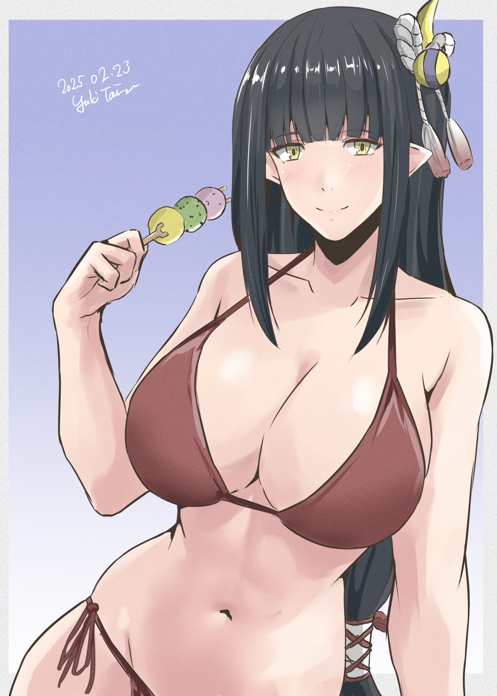 1girl bikini black_hair blue_background blunt_bangs breasts brown_bikini cleavage dango fewer_digits food gradient_background hair_ornament halterneck highres hime_cut hinoa large_breasts long_hair looking_at_viewer monster_hunter_(series) monster_hunter_rise pointy_ears side-tie_bikini_bottom sidelocks solo standing string_bikini swimsuit taira_yuuki wagashi yellow_eyes