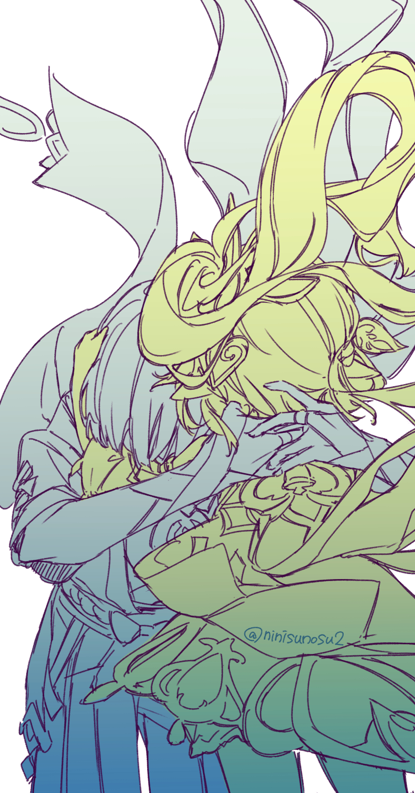 1boy 1girl arm_up armlet armor bell belt blunt_ends bow bridal_gauntlets cape detached_sleeves dress furisode genshin_impact hair_ornament hakama hakama_shorts head_on_another&#039;s_shoulder headpat highres hug japanese_armor japanese_clothes jewelry kimono kote leaf leaf_hair_ornament long_hair middle_ring monochrome nahida_(genshin_impact) neck_grab ninisunosu2 open_clothes open_kimono pointy_ears rope sash scaramouche_(genshin_impact) short_sleeves shorts side_ponytail sketch twitter_username wanderer_(genshin_impact) white_background