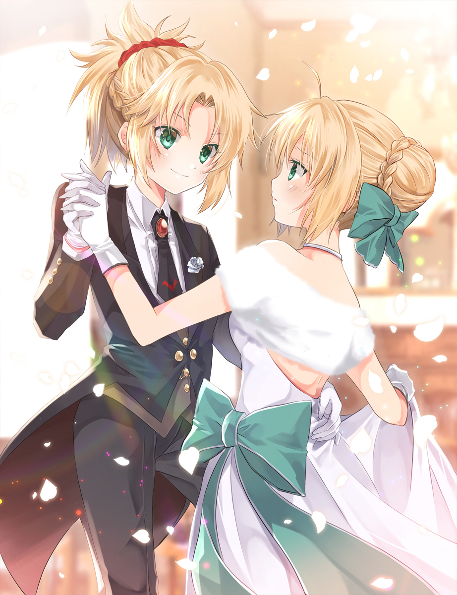 2girls ahoge artoria_pendragon_(fate) blonde_hair braid dancing dress fate/apocrypha fate/grand_order fate/stay_night fate_(series) formal_clothes gloves green_eyes hair_bun hair_ribbon highres iroha_(shiki) long_hair mordred_(fate) mordred_(fate/apocrypha) mordred_(formal_dress)_(fate) mother_and_daughter multiple_girls official_alternate_costume ponytail ribbon saber_(fate) saber_(formal_dress)_(fate) sidelocks single_hair_bun smile tuxedo white_gloves