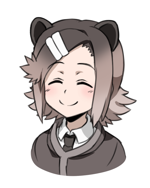 1girl acesrulez animal_ears beaver_ears blush brown_hair brown_necktie brown_sweater closed_eyes collared_shirt eurasian_beaver_(kemono_friends) gradient_hair hair_ornament hairclip kemono_friends multicolored_hair necktie shirt sidelocks smile solo sweater upper_body white_shirt