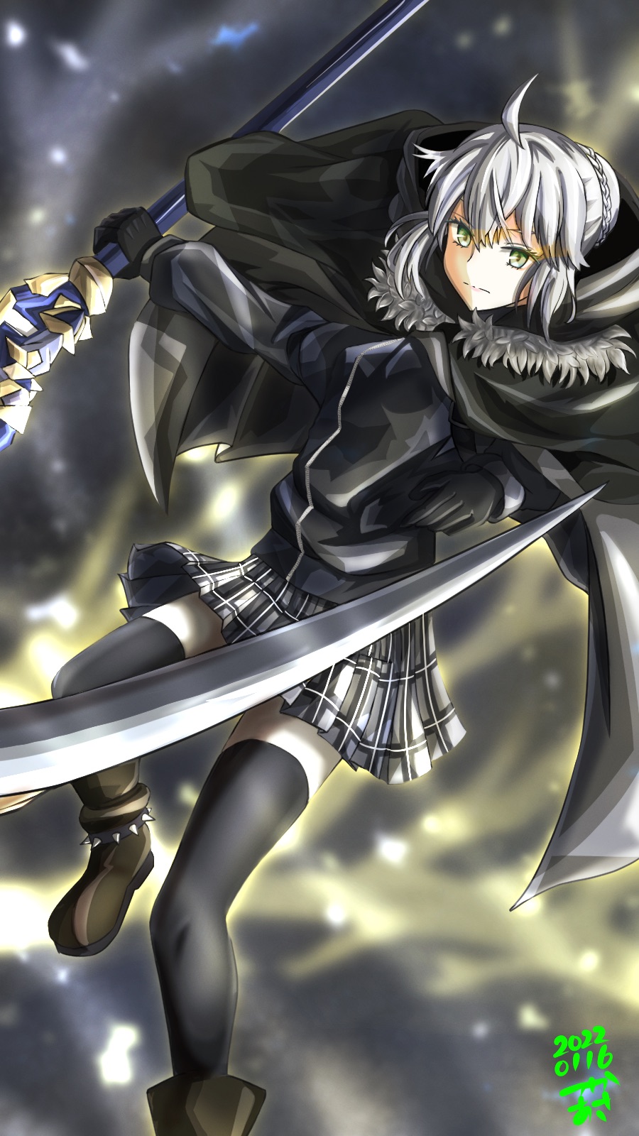 1girl ahoge black_boots black_cape black_gloves black_jacket black_skirt black_thighhighs boots cape closed_mouth dated fate_(series) fur-trimmed_cape fur_trim gloves gray_(fate) green_eyes grey_skirt hair_between_eyes highres holding holding_weapon hood hooded_cape jacket long_sleeves looking_at_viewer lord_el-melloi_ii_case_files multicolored_skirt skirt solo spiked_boots thighhighs tsukaasa weapon white_hair zipper