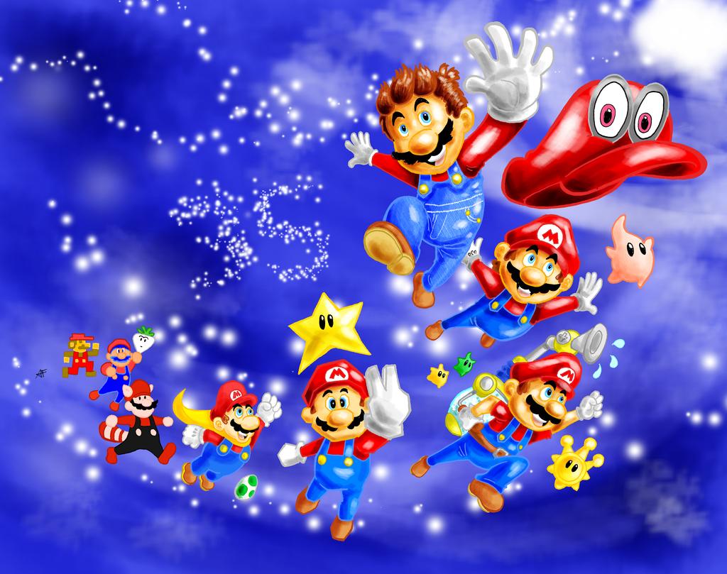 6+boys animal_ears blue_eyes brown_hair cape cape_mario cappy_(mario) f.l.u.d.d. facial_hair flying food gloves hat jump looking_at_viewer luma_(mario) mario mario_(series) multiple_boys mustache nintendo overalls plumber raccoon_ears raccoon_mario raccoon_tail shine_sprite smile super_mario_64 super_mario_bros._1 super_mario_bros._2 super_mario_bros._3 super_mario_galaxy super_mario_odyssey super_mario_sunshine super_mario_world tail v vegetable water yoshi_egg