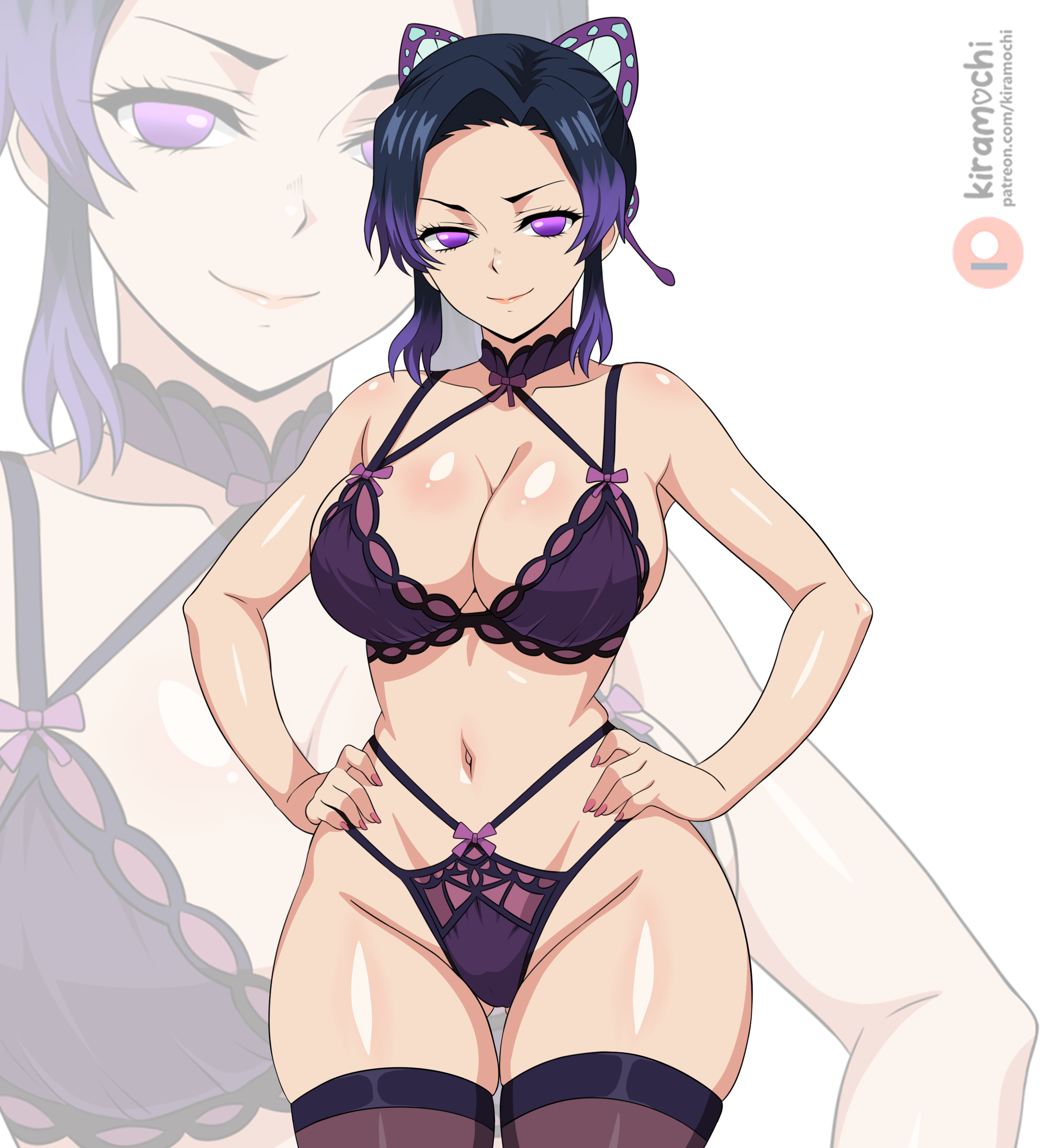 1girl black_hair breasts butterfly_hair_ornament hair_ornament hands_on_own_hips kimetsu_no_yaiba kiramochi kochou_shinobu lingerie purple_eyes underwear wide_hips