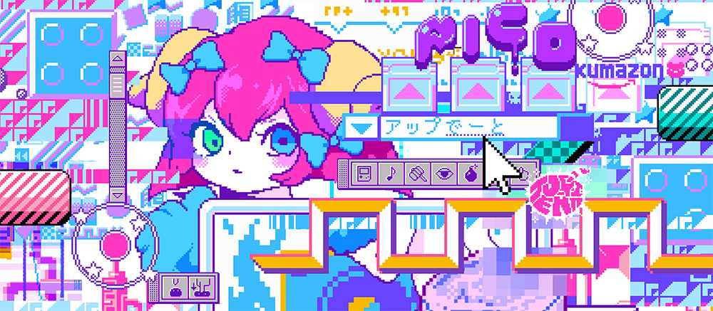 1girl abstract bad_id bad_tumblr_id blue_bow blue_eyes blush bomb bow buttons cursor eighth_note explosive female_focus game_boy game_boy_(original) green_eyes hair_between_eyes hair_bow hammer handheld_game_console icon_(computing) m7kenji musical_note original pixel_art red_hair short_hair solo translation_request