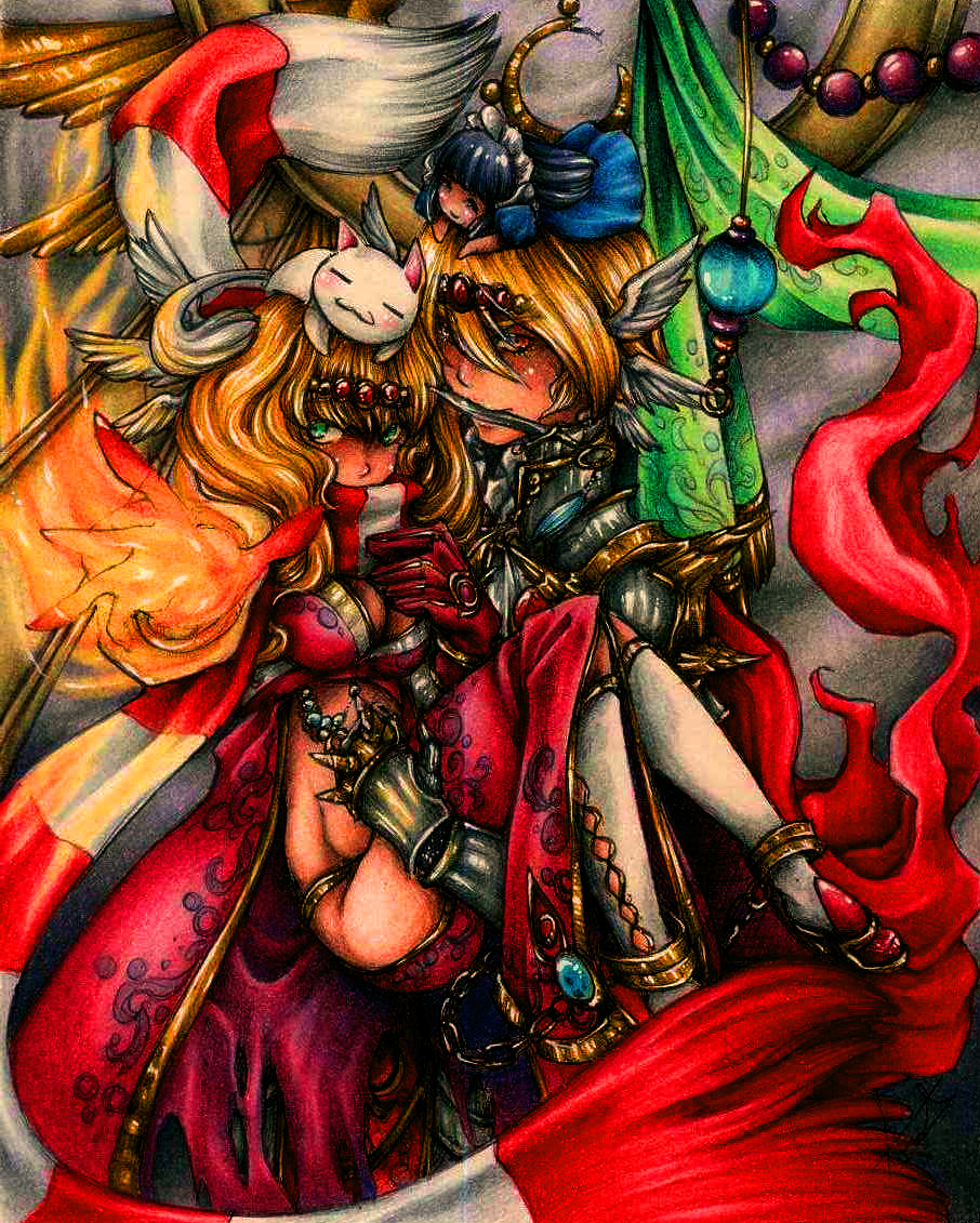 1boy 1girl alice_(ragnarok_online) alternate_color animal animal_on_head blonde_hair breasts carrying cat cat_on_head character_doll cleavage closed_mouth commentary_request dagger doll_on_head feathered_wings fire full_body gauntlets green_eyes grey_background hair_between_eyes head_wings knife long_bangs long_hair looking_at_viewer medium_breasts on_head princess_carry pyrokinesis ragnarok_online red_eyes red_scarf rune_knight_(ragnarok_online) scarf short_hair smile socks spanish_commentary spiked_gauntlets striped_clothes striped_scarf warlock_(ragnarok_online) weapon white_scarf white_socks wings yunaxd