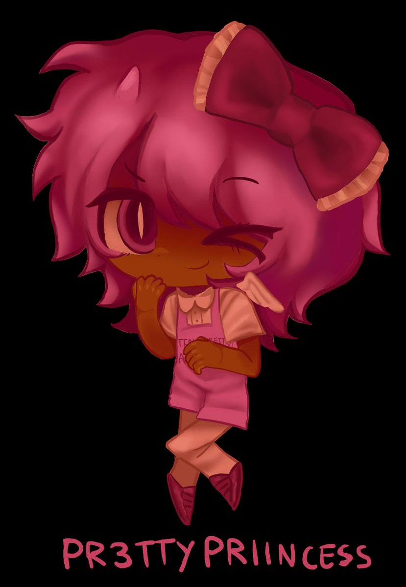 1girl angel_wings black_background bow chibi chibi_only child dark_skin demon_horns english_text forsaken_(roblox) fuziyams hair_bow hair_ornament horns humanization long_hair mini_wings one_eye_closed overalls pink_bow pink_eyes pink_hair pink_overalls pr3typriincess_(forsaken) roblox short_sleeves simple_background slit_pupils small_horns wings