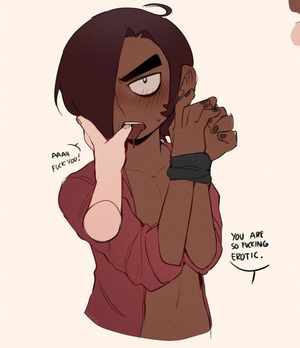 2boys ahoge black_eyeliner black_eyes blush bound bound_wrists brown_hair brown_nails collarbone collared_shirt commentary dark-skinned_male dark_skin drooling ear_piercing english_commentary existenc3 eyeliner finger_on_tongue furrowed_brow gideon_graves hair_over_one_eye hands_up makeup male_focus matthew_patel multiple_boys nail_polish navel open_clothes open_shirt piercing pov pov_hands red_shirt scott_pilgrim_(series) scott_pilgrim_takes_off shirt short_hair speech_bubble sweatdrop teeth thumb_in_mouth tongue tongue_out white_background yaoi