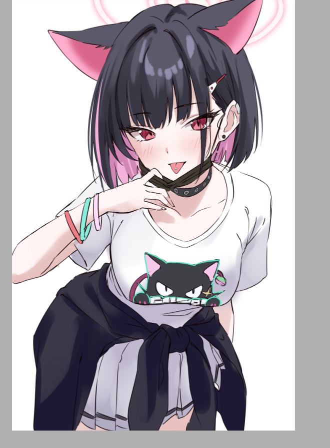 1girl animal_ears black_choker black_hair black_mask blue_archive cat_ears choker clothes_around_waist colored_inner_animal_ears colored_inner_hair extra_ears halo kazusa_(band)_(blue_archive) kazusa_(blue_archive) marisasu_(marisa0904) mask mask_pull mouth_mask multicolored_hair official_alternate_costume pink_hair pink_halo print_shirt shirt short_hair solo two-tone_hair