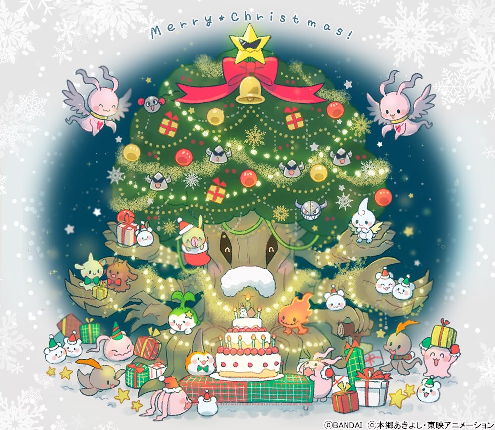 :3 bandai box cake chibi chocomon christmas copyright_name cupimon digimon food gift gift_box giromon gummymon happy hat jyureimon jyureimon_(christmas_tree) koromon mamemon marinangemon merry_christmas minomon mochimon official_art petimeramon pickmon pukamon santa_hat snow snowing starmon_(digimon_xros_wars) tanemon tokomon tunomon yukimibotamon