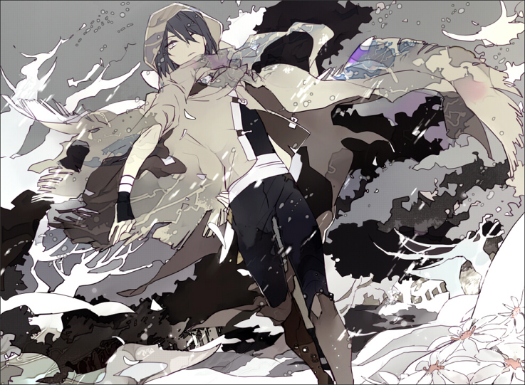 1boy black_gloves black_hair black_pants black_shirt boots brown_boots brown_cloak cloak day dutch_angle eyelashes feet_out_of_frame fingerless_gloves floating_clothes flower forest gloves hair_between_eyes hood hood_up hooded_cloak knee_boots knife light_particles looking_to_the_side nature nezumi_(no.6) no.6 one_eye_closed outdoors pants purple_eyes sheath sheathed shirt short_hair solo suou_(sdurorhr) torn_clothes walking white_flower wristband