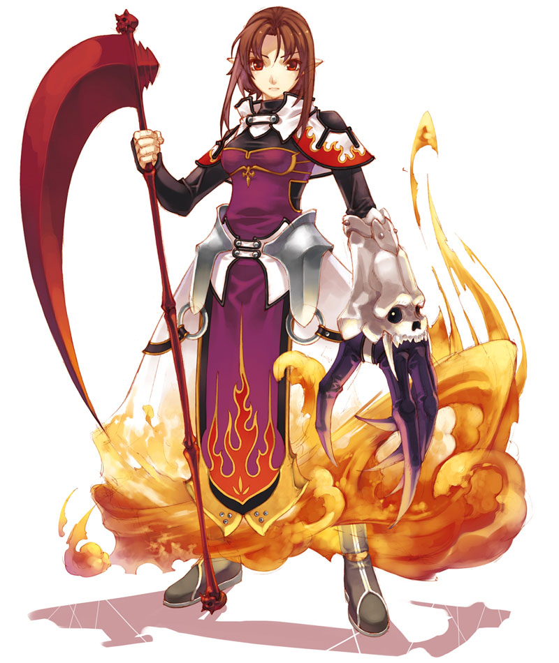 1girl armor armored_dress boots brown_hair claws dress elf female_focus fire full_body gloves hirano_katsuyuki hiro_(spectral_force) official_art pointy_ears red_eyes scythe short_hair solo spectral_(series) spectral_force spectral_souls spectral_vs_generation tabard white_background