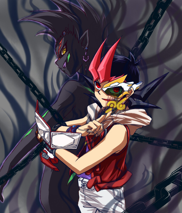 1boy belt black_hair blue_shirt blue_wrist_cuffs card chain clenched_hand colored_bangs corruption crossed_arms d-gazer dark_persona darkness duel_disk colored_bangs elbow_gloves elbow_pads evil_grin evil_smile facial_mark facing_away facing_to_the_side gloves green-tinted_eyewear grey_background grin hare-0812 holding holding_card hood hooded_vest hoodie looking_at_another looking_at_viewer male_focus number_96_dark_mist numbered open_clothes open_vest outstretched_arm pants partially_fingerless_gloves red-eye_effect red_gloves red_vest shadow shirt single_elbow_glove single_elbow_pad sleeveless sleeveless_shirt smile spiked_hair spirit technology tinted_eyewear tsukumo_yuma vest white-framed_eyewear white_belt white_hood white_pants wrist_cuffs yellow-framed_eyewear yellow_eyes yu-gi-oh! yu-gi-oh!_zexal