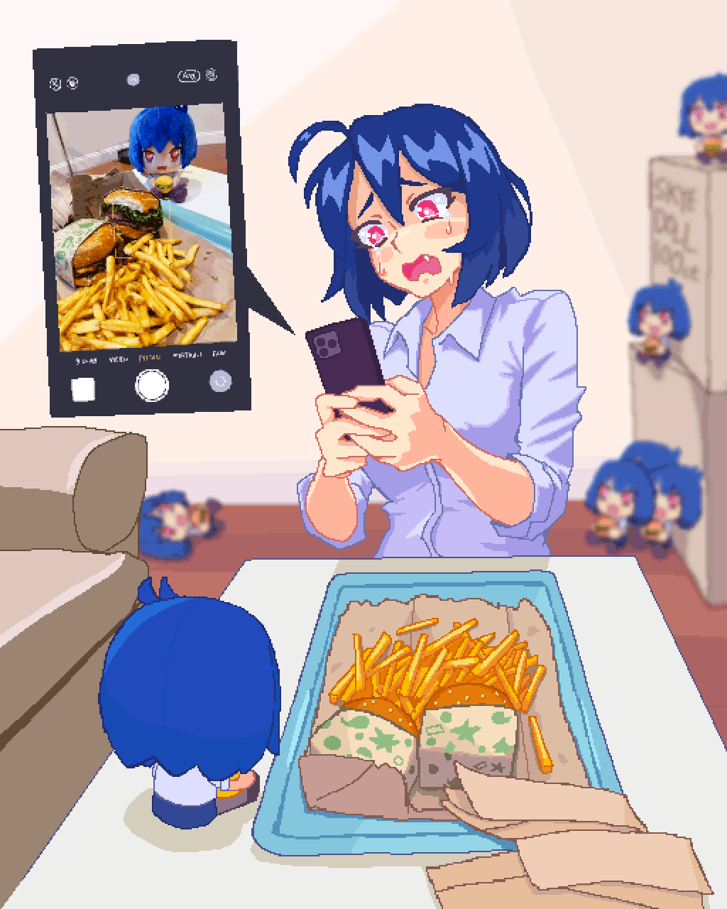 1girl ahoge blue_hair box burger cardboard_box cellphone character_doll collarbone collared_shirt crying crying_with_eyes_open doll fang food french_fries grey_shirt hcnone highres holding holding_phone long_sleeves open_mouth original phone pink_eyes pixel_art shirt short_hair skye_(hcnone) smartphone solo tears