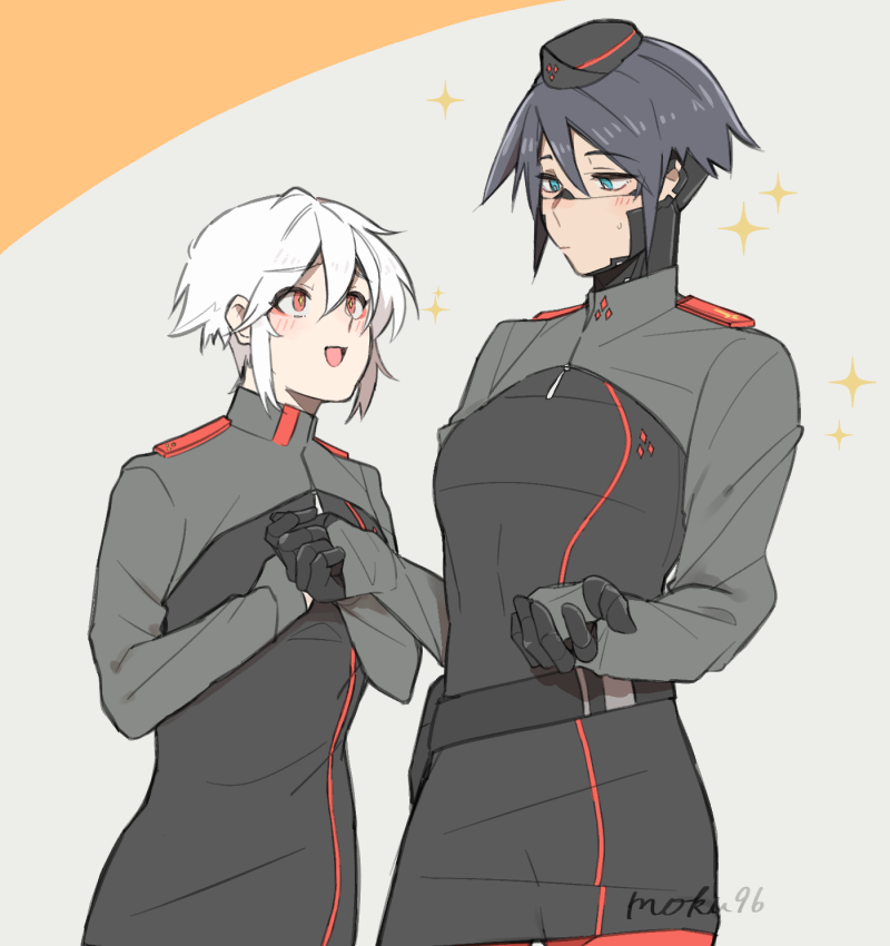 2girls android ariane_yeong black_hair blue_eyes cyberpunk elster_(signalis) hat metal_skin moku96 multiple_girls red_eyes robot_girl science_fiction short_hair signalis smile white_hair yuri