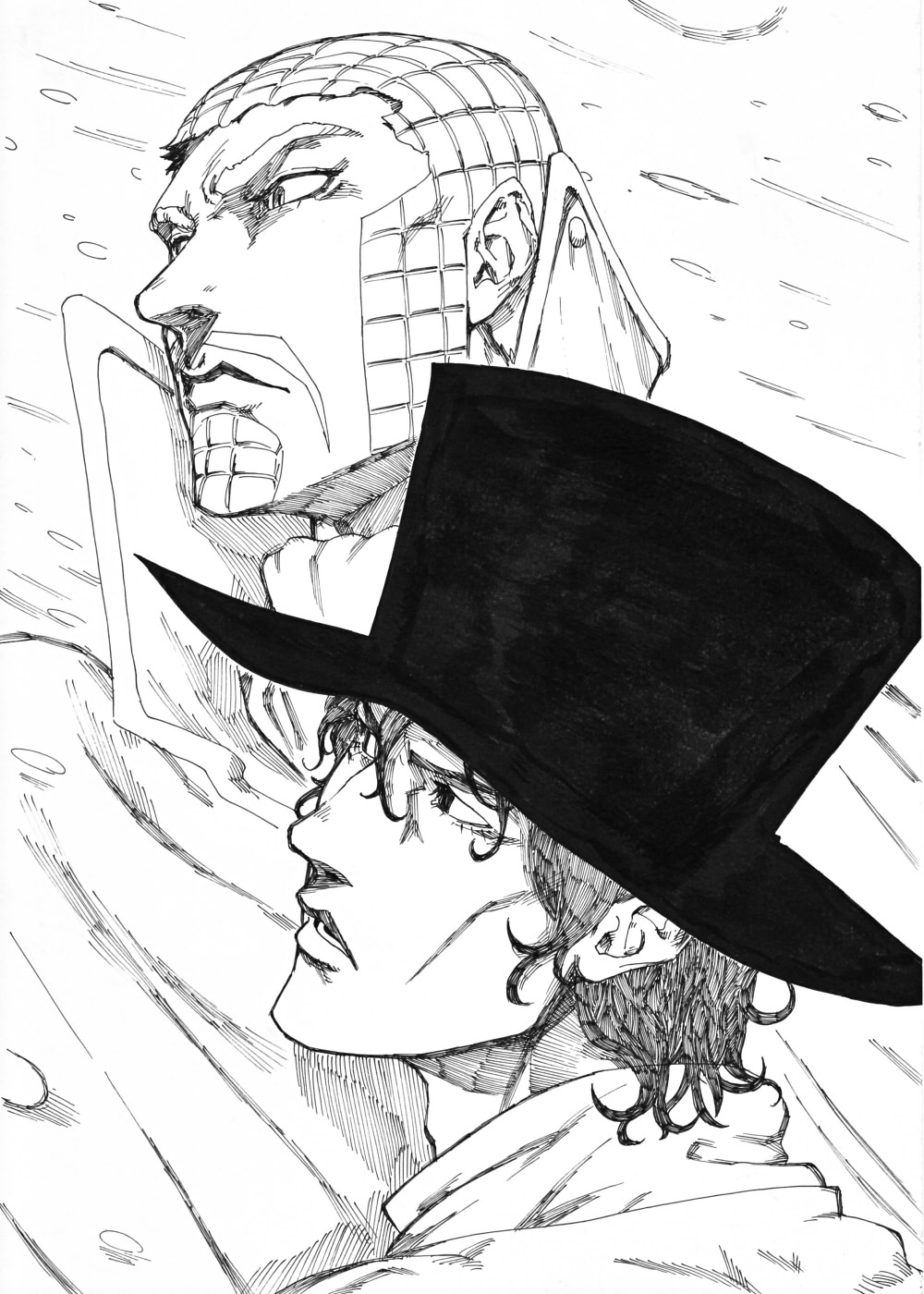 ascot bad_id bad_pixiv_id facial_hair greyscale hat high_collar highres jojo_no_kimyou_na_bouken magenta_magenta male_focus md5_mismatch monochrome short_hair snow spacezin steel_ball_run top_hat wekapipo