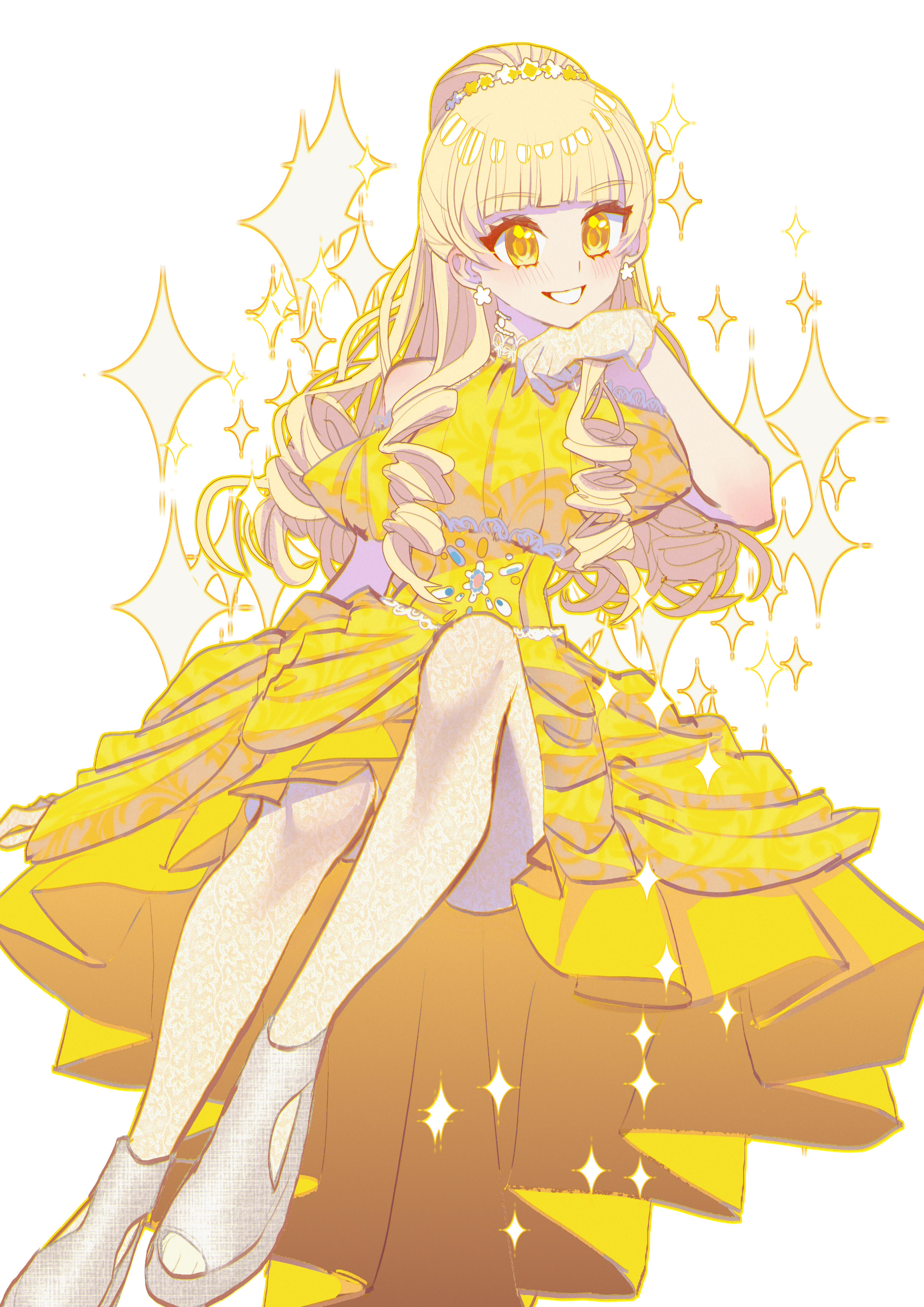 1girl absurdres bare_shoulders blonde_hair blunt_bangs clothing_cutout commentary dress earrings eyelashes floral_print flower flower_earrings flower_hairband foot_out_of_frame frilled_dress frills gloves grin hair_bun hairband hand_on_own_chin highres himeno_ran jewelry knee_up knees lace lace-trimmed_corset lace_gloves light_blush long_hair medium_dress ohsama_sentai_king-ohger outline puffy_short_sleeves puffy_sleeves ringlets sandals shocho_(shaojiujiu) short_sleeves shoulder_cutout sidelocks simple_background single_hair_bun sitting smile solo sparkle super_sentai toes white_background white_flower white_gloves white_sandals yellow_corset yellow_dress yellow_eyes yellow_flower yellow_hairband yellow_outline