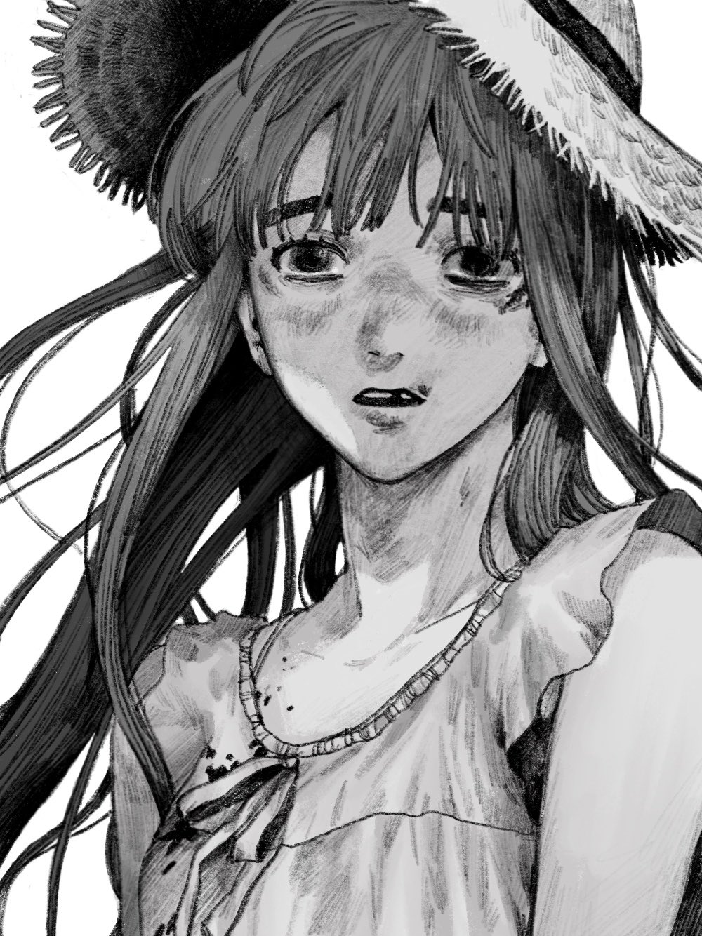 1girl blood blood_on_clothes greyscale hat highres long_hair looking_at_viewer missing_tooth monochrome open_mouth oyasumi_punpun ribbon sleeveless solo straw_hat takushi_(taxi739) tanaka_aiko teeth thick_eyebrows upper_teeth_only white_background
