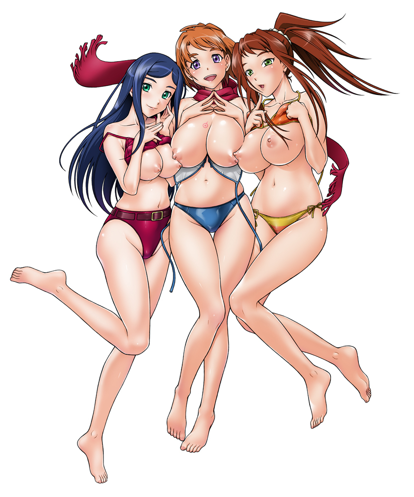 00s 3girls barefoot bikini bikini_pull blue_bikini blue_hair breasts clothes_pull feet fukudahda green_eyes high_ponytail huge_breasts kuga_natsuki large_breasts legs long_hair midriff multiple_girls my-hime navel nipples nipples_touching orange_hair parted_bangs ponytail red_bikini red_hair short_hair side-tie_bikini_bottom simple_background steepled_fingers sugiura_midori swimsuit tokiha_mai white_background