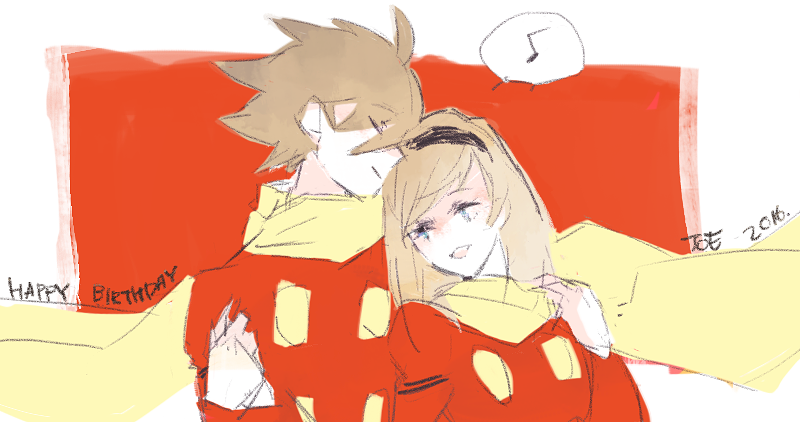 ahoge black_hairband blonde_hair blue_eyes coat couple cyborg cyborg_009 francoise_arnoul hair_over_face hairband hand_on_another&#039;s_shoulder head_on_another&#039;s_chest holding_hands hug hug_from_behind light_smile long_hair manodemarina red_coat scarf shimamura_joe soldier yellow_scarf