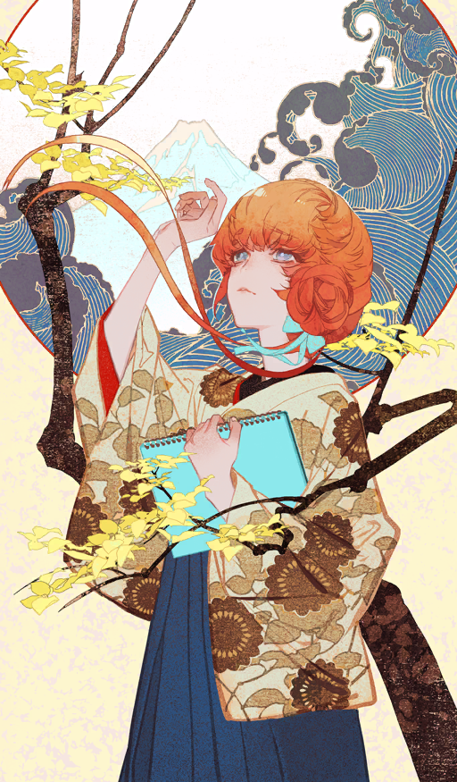 1girl aqua_bow arm_up blue_eyes blue_hakama bow brown_kimono commentary cowboy_shot fate/grand_order fate_(series) fine_art_parody flat_color floral_print floral_print_kimono flower hair_bow hakama hakama_skirt holding holding_sketchbook japanese_clothes kimono long_sleeves looking_up mount_fuji nihonga official_art orange_hair parody parted_lips print_kimono short_hair_with_long_locks sketchbook skirt solo standing third-party_source van_gogh_(fate) van_gogh_(mt._fuji_pilgrimage)_(fate) waves wide_sleeves yellow_flower yoco_(ocoy)