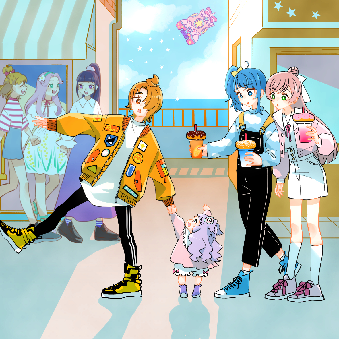 1boy 6+girls asahina_mirai black_overalls black_pants blonde_hair blue_eyes blue_hair blue_shirt blue_shoes blue_skirt blue_sky blunt_bangs bow casual child closed_eyes cloud cloudy_sky collared_shirt cup cut_bangs day double_vertical_stripe dress ellee-chan green_eyes grey_shoes hair_bow hair_bun hair_over_shoulder hair_ribbon hanami_kotoha hirogaru_sky!_precure holding holding_cup holding_hands izayoi_liko jacket jewelry long_hair long_skirt long_sleeves looking_at_another looking_back mahou_girls_precure! medium_dress medium_hair miniskirt multiple_girls necklace nijigaoka_mashiro ocean one_side_up open_mouth orange_hair outdoors overalls pants pink_hair pink_jacket ponytail precure purple_hair purple_skirt red_eyes ribbon shirt shoes short_dress short_hair side_ponytail single_hair_bun single_sidelock skirt sky smile socks sora_harewataru spacecraft star_(symbol) star_twinkle_precure ton_(ton39342104) white_dress white_ribbon white_shirt white_socks yellow_bow yellow_jacket yellow_shoes yuunagi_tsubasa