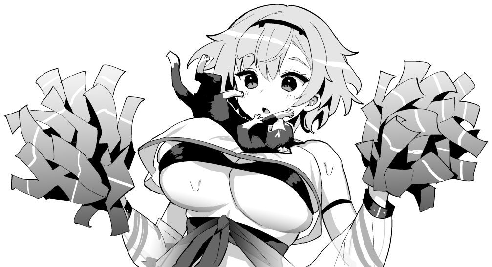 1girl azur_lane breasts cat detached_sleeves greyscale headband hori_(hori_no_su) monochrome pom_pom_(cheerleading) reno_(azur_lane) reno_(biggest_little_cheerleader)_(azur_lane) short_hair simple_background solo surprised swept_bangs underboob upper_body white_background