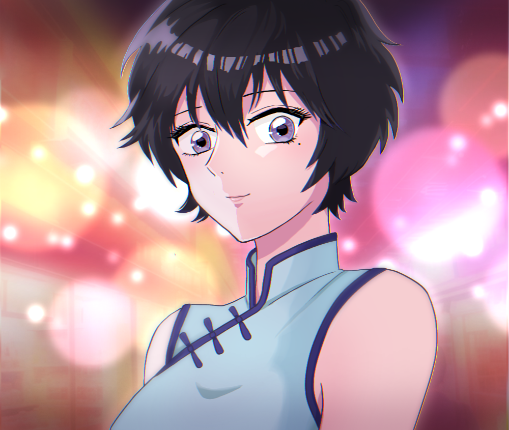 1girl black_hair china_dress chinese_clothes closed_mouth dress kowloon_generic_romance kujirai_reiko lips looking_at_viewer mole mole_under_eye purple_eyes short_hair simple_background sleeveless sleeveless_turtleneck smile solo turtleneck user_jxue8445