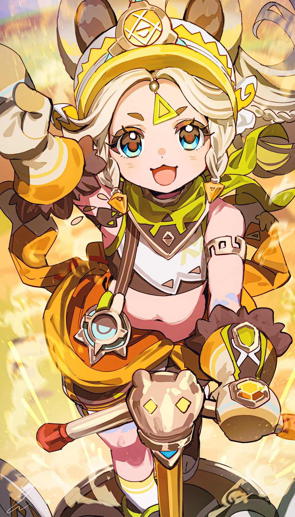 1girl blue_eyes body_markings boots braid brown_hair genshin_impact hand_up highres kachina_(genshin_impact) long_hair looking_at_viewer midriff mittens navel open_mouth orange_mittens outdoors shibuki_kamone smile socks solo standing visor_cap white_socks