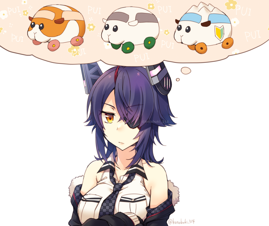 1girl abbey_(pui_pui_molcar) black_jacket breasts brown_eyes character_request closed_mouth crossed_arms expressionless eyepatch fur-trimmed_jacket fur_trim hair_over_one_eye jacket kantai_collection kotobuki_(momoko_factory) large_breasts lips long_sleeves looking_at_viewer messy_hair potato_(pui_pui_molcar) pui_pui_molcar purple_hair shiromo_(pui_pui_molcar) short_hair shoshinsha_mark speech_bubble tenryuu_(kancolle) thought_bubble twitter_username upper_body