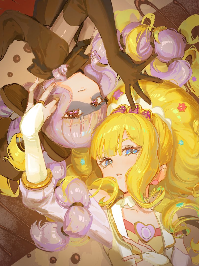 black_dress black_gloves blonde_hair blue_eyes braid bridal_gauntlets closed_mouth clothing_cutout cure_finale delicious_party_precure detached_collar dress dual_persona earrings elbow_gloves expressionless eye_mask fingernails flat_chest gentlu_(precure) gloves grey_mask hair_between_eyes hair_bobbles hair_ornament hand_on_own_chest hand_up high_ponytail jewelry kasai_amane kinakuridon long_hair looking_at_viewer lying magical_girl on_back on_side parted_lips ponytail precure purple_eyes purple_hair rotational_symmetry shoulder_cutout sketch smile star_(symbol) star_hair_ornament three-quarter_sleeves tiara twin_braids upside-down white_bridal_gauntlets yellow_dress