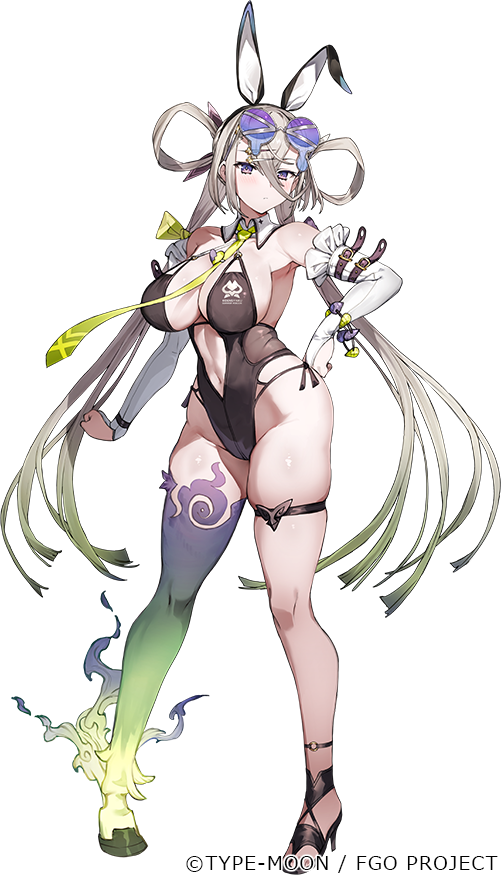 1girl animal_ears arm_strap bare_shoulders black_one-piece_swimsuit black_shoes blush bow bracelet breasts bridal_gauntlets cleavage clothing_cutout commentary_request company_name copyright_name copyright_notice elbow_gloves english_text eyewear_on_head fake_animal_ears fate/grand_order fate_(series) fire full_body game_cg gloves gradient_hair green_fire green_hair green_necktie grey_hair hair_bow hair_ornament hair_rings hairclip hand_on_own_hip highleg highleg_one-piece_swimsuit hooves huyan_zhuo_(fate) huyan_zhuo_(swimsuit_berserker)_(fate) jewelry large_breasts long_hair looking_at_viewer multicolored_hair navel necktie novelty_glasses official_art one-piece_swimsuit plunging_neckline purple-tinted_eyewear purple_eyes rabbit_ears sandals shoes single_thighhigh solo standing sunglasses swimsuit tachi-e thigh_strap thighhighs tinted_eyewear toridamono transparent_background twintails white_gloves