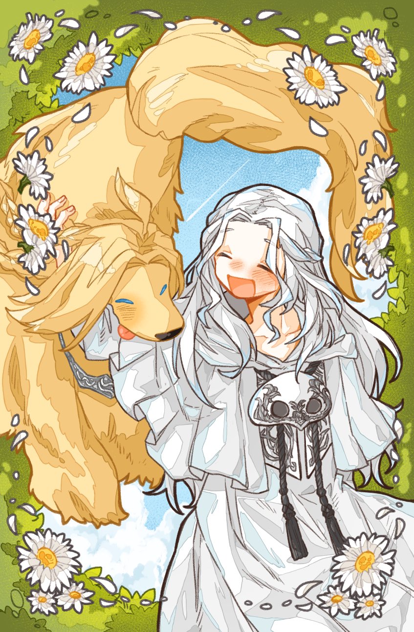 1girl ^_^ afghan_hound argos_(ff14) capelet closed_eyes cowboy_shot daisy_(flower) dog drawstring ff14_hc final_fantasy final_fantasy_xiv flower highres hood hood_down hooded_capelet mask mask_around_neck open_mouth robe smile sophist&#039;s_robe_(ff14) tassel tongue tongue_out unworn_mask venat_(ff14) white_capelet white_flower white_robe