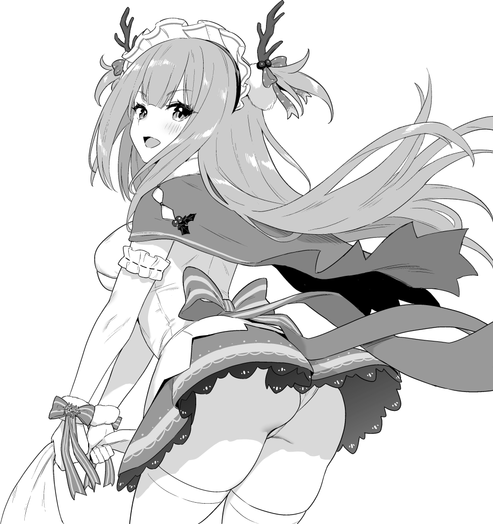 arm_scrunchie ass azur_lane azur_lane:_slow_ahead bow breasts cape dress fake_antlers greyscale holding holding_sack hori_(hori_no_su) large_breasts long_hair looking_at_viewer looking_back maid_headdress mistletoe monochrome neptune_(azur_lane) neptune_(princess_of_the_reindeers)_(azur_lane) open_mouth panties sack sidelocks simple_background smile solo thighhighs underwear white_background