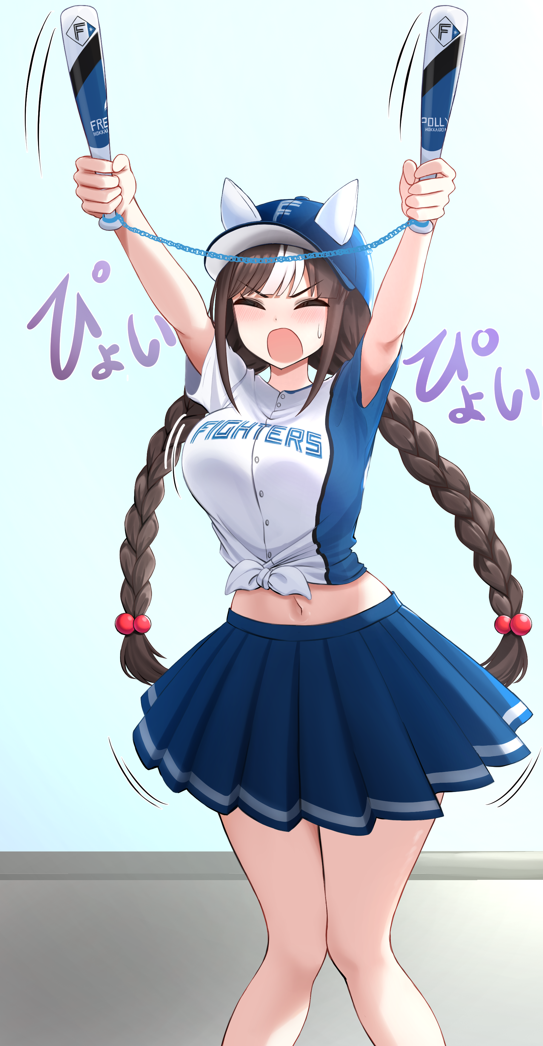absurdres alternate_costume arms_up baseball blush bouncing_breasts braid breasts closed_eyes commentary_request commission gokusei hair_between_eyes hair_ornament hat highres hokkaido_nippon-ham_fighters hokko_tarumae_(umamusume) horse_girl long_braid long_hair midriff navel nippon_professional_baseball open_mouth simple_background skeb_commission sweatdrop thighs twin_braids umamusume
