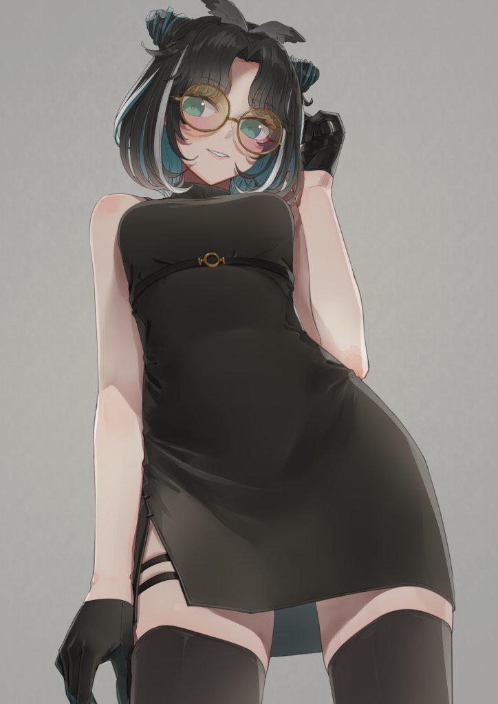 1girl animare atsushima black_dress black_gloves black_hair black_thighhighs blue_eyes blue_hair blush breasts china_dress chinese_clothes commentary_request cone_hair_bun cowboy_shot double_bun dress from_below gloves grey_background grey_hair grin hair_bun looking_at_viewer medium_breasts multicolored_hair nanashi_inc. official_alternate_costume oura_rukako oura_rukako_(2nd_costume) parted_bangs short_dress short_hair simple_background sleeveless sleeveless_dress smile solo streaked_hair thighhighs virtual_youtuber