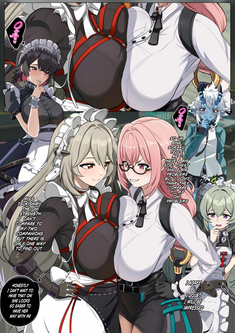 5girls alexandrina_sebastiane black_hair blue_skin breast_press breasts colored_skin corin_wickes ellen_joe glasses green_hair grey_hair horns large_breasts maid maid_headdress multiple_girls pink_eyes pink_hair purple_eyes red_eyes soukaku_(zenless_zone_zero) symmetrical_docking the_amazing_gambit tsukishiro_yanagi white_hair zenless_zone_zero