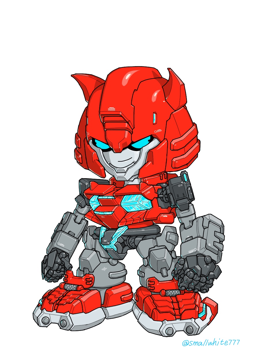 autobot blue_eyes chibi clenched_hands cliffjumper highres horns jeulove-sma11-white mecha no_humans redesign robot smirk solo standing transformers white_background