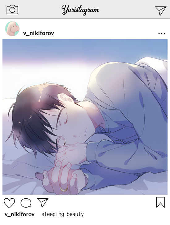 1boy black_hair english_text closed_eyes fake_screenshot instagram jewelry katsuki_yuuri kuroemon lying makkachin male_focus on_side pillow ring sleeping yuri!!!_on_ice