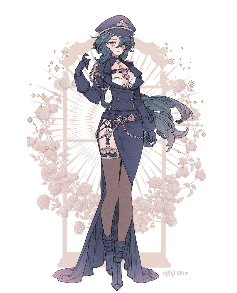 1girl belt black_belt black_boots black_hat black_jacket boots breasts brown_thighhighs buttons chain cleavage commentary commission dress embroidery fashion flower frills full_body garter_straps gloves green_hair grey_flower grey_rose hat heterochromia jacket lemon89h long_hair makeup military_hat open_clothes original red_eyes rococo_movement rose scar scar_on_face solo standing thighhighs wavy_hair