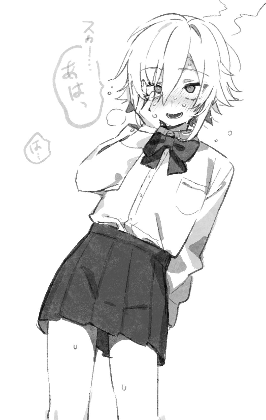 1boy arm_behind_back blush bow bowtie collared_shirt commentary_request cr-r crossdressing crossdressing_(mtf) greyscale hair_between_eyes hand_on_own_cheek hand_on_own_face highres long_sleeves male_focus monochrome nijisanji open_mouth pleated_skirt school_uniform shirt simple_background skirt solo speech_bubble sweat translation_request trap uzuki_kou virtual_youtuber white_background